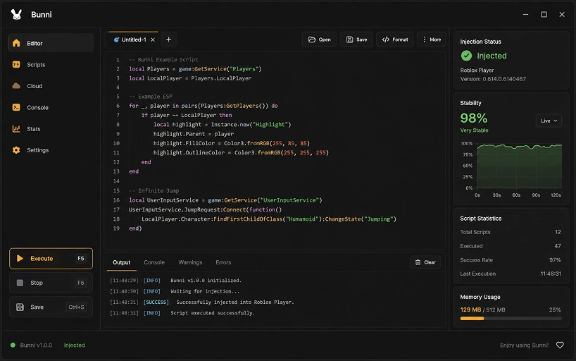 Bunni Executor user interface showcasing Roblox script execution